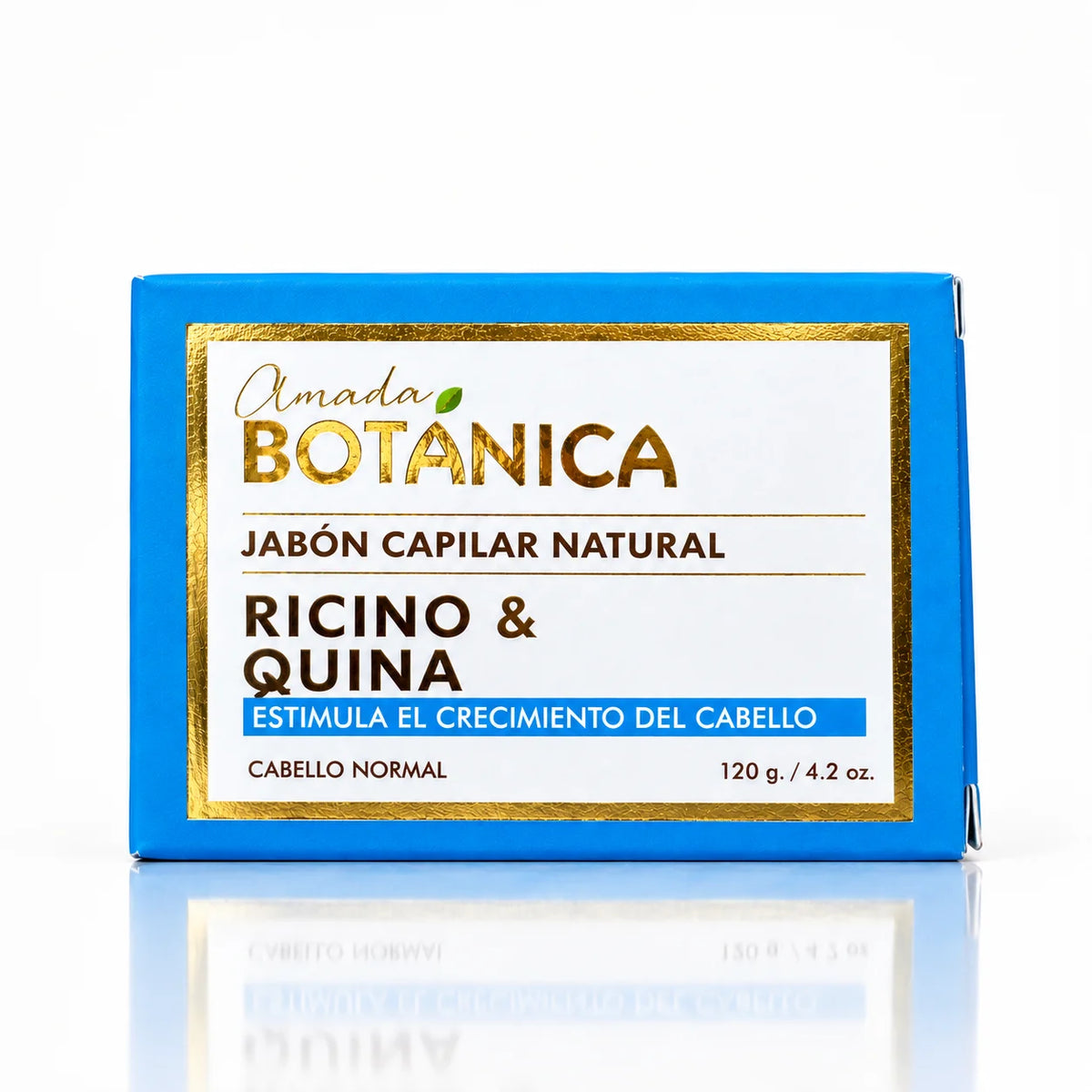 Caja del shampoo sólido de Ricino & Quina Amada Botánica que estimula el crecimiento del cabello, 120 g